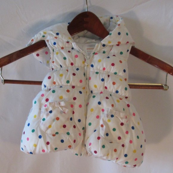 Gymboree 12-24 Mos Girls Puffy Hooded Vest White w\ Multi-Colored Pokka … - Picture 1 of 5